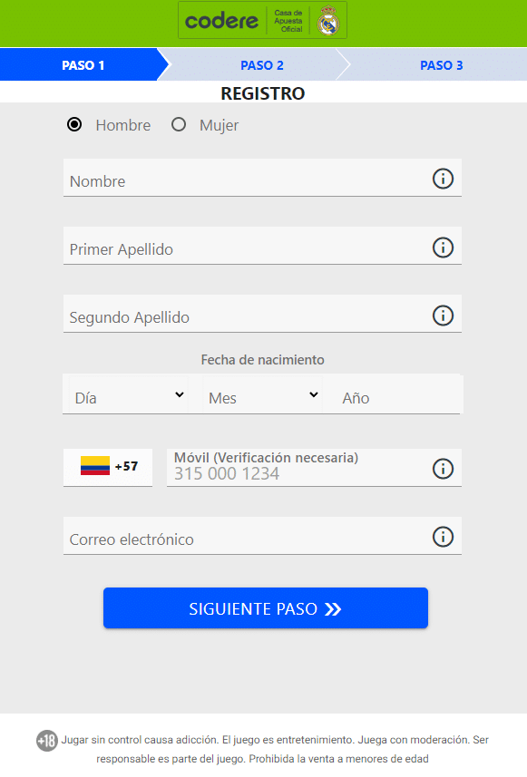 Formulario registro Codere
